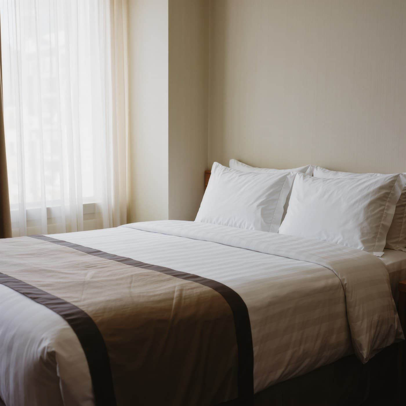 Bembeyaz takımlar ve katlı yatak şalıyla hazırlanmış sakin bir otel odası yatağı