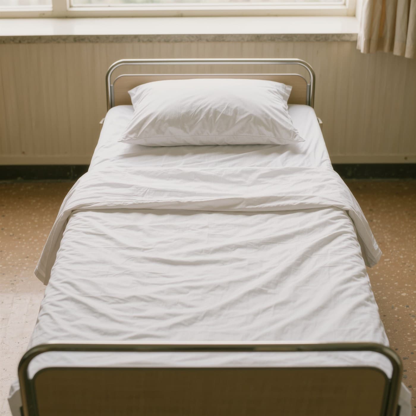 Aydınlık ve boş bir odada düz beyaz takımlarla hazırlanmış klinik yatak